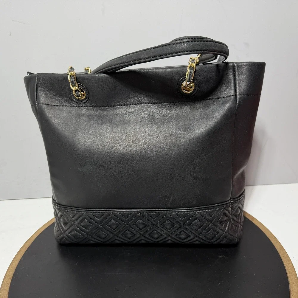 Tory Burch Tote Bag Womens Large Black Leather Chain Strap Purse Quilted Logo